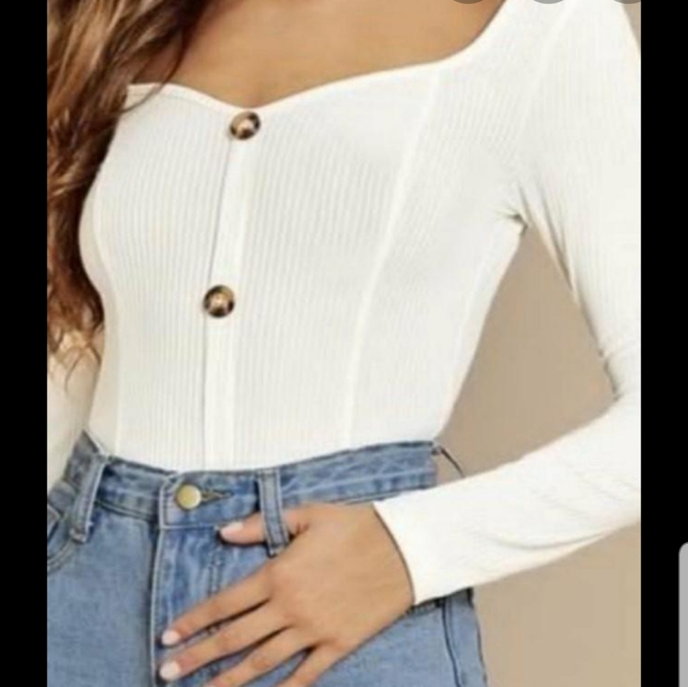 White Square neck ribbed long sleeve top